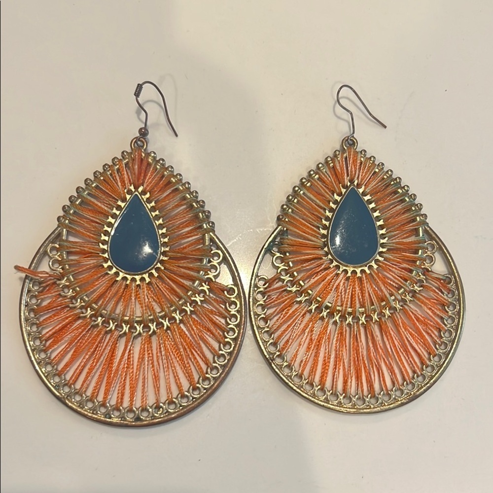 BEBE Bohemian Orange and Gold Teardrop Earrings GUC Vintage - Picture 2 of 4